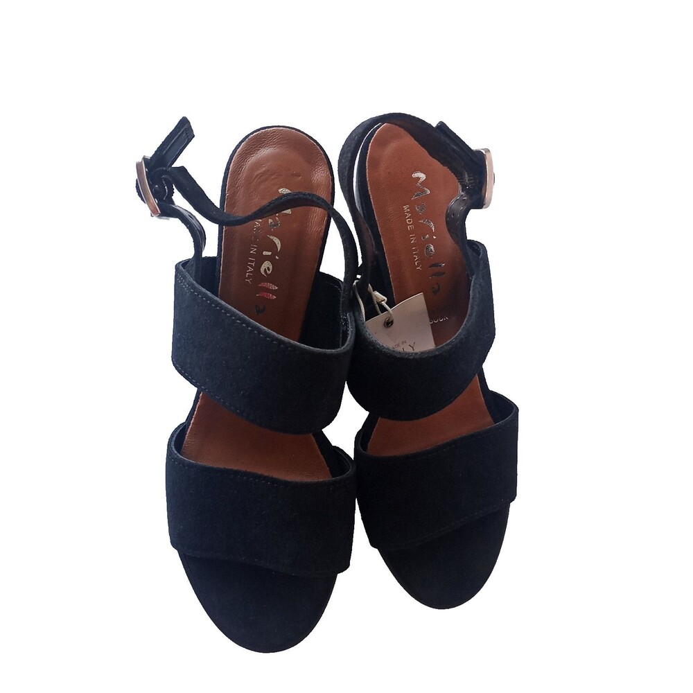 Mariella Italian Women Suede Block Heel Platform Sandals Black Shoe Size 7.5 - Picture 4 of 11